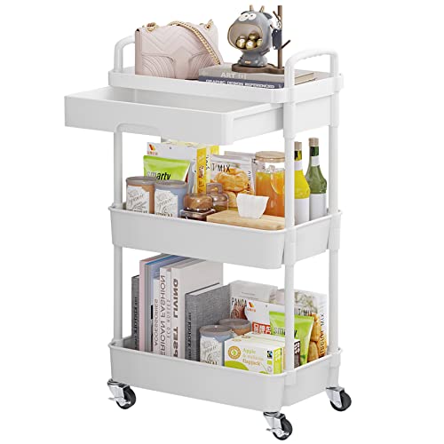 Calmootey 3-Tier Rolling Utility Cart with Drawer,Multifunctional Storage Organizer with Plastic Shelf & Metal Wheels,Storage Cart for Kitchen,Bathroom,Living Room,Office,White - color: White, size: 3-Tier