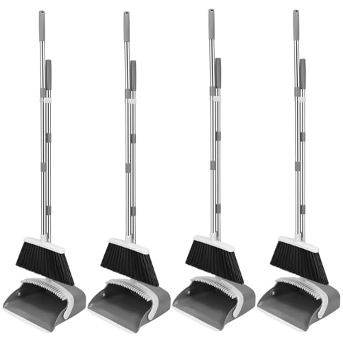 NACENA Broom and Dustpan Set, 52-in Long Adjustable Handle Broom Dustpan Combo with Dustpan Teeth to Automatically Clean Hair Suitable for Home Kitchen Office Hall Floor (Grey&White), 4 Pack - color: Grey-white, size: 4 Pack