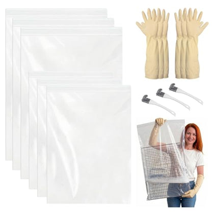 12 Pack Oven Rack Cleaning Bags, Large Sizes (23.62*35.43 in/19.69*27.56 in), 6 Heavy Duty Reusable PE Bags for Deep Soaking BBQ Racks Grill Grates, with 3 Pairs of Long Rubber Gloves, 3 Brushes