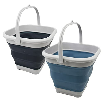 SAMMART 5.5L Set of 2 Collapsible Square Handy Bucket/Foldable SquareWater Pail/Portable Tub with Handle. (Slate Grey + Steel Blue) - color: Slate Grey + Steel Blue