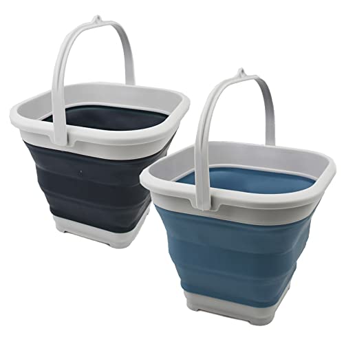 SAMMART 5.5L Set of 2 Collapsible Square Handy Bucket/Foldable SquareWater Pail/Portable Tub with Handle. (Slate Grey + Steel Blue) - color: Slate Grey + Steel Blue