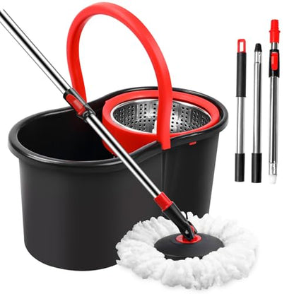 Spin Mop and Bucket, Mop and Bucket with Wringer Set for Home, 360 Spinning Mop Bucket Floor Cleaning Tool with 1 Microfiber Mop Replacement Head,50" Stainless Steel Handle (Black-Includes 1 mop) - color: Black-includes 1 Mop