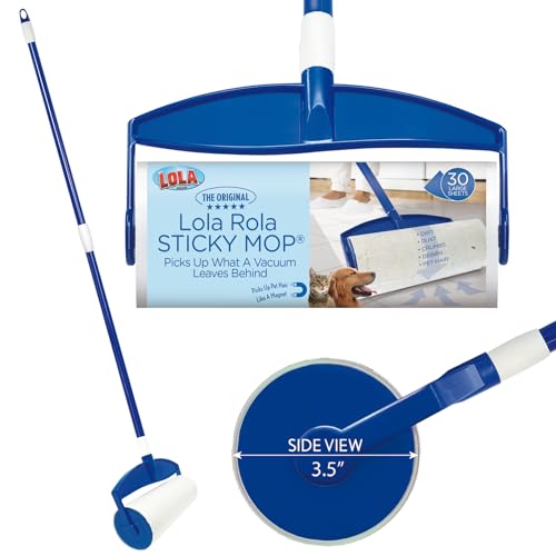 LOLA Rola PET Hair Remover Sticky Mop, Giant Floor Lint Roller, 9" x 3.5", Extender Handle, Largest Head, Traps Hair, Dust, Dirt, Extra Sticky Sheets - size: 1 Set, style: Mop w/ Extender Handle