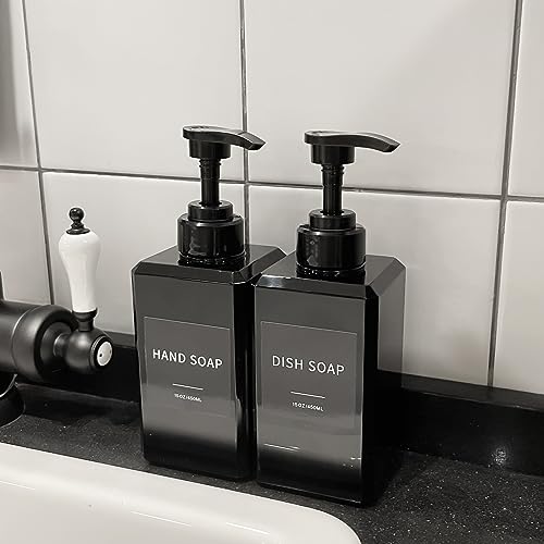 Black Soap Dispenser with Waterproof Labels, Thickened Plastic Hand Soap Dispenser for Bathroom, Kitchen Dish Washing Liquid Bottles, Shampoo and Conditioner Bottles with Funnel (15oz 4Pack Black) - color: 15oz 4 Pack Black