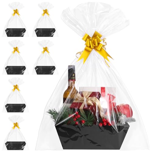 AFOROEOA 6PACK Black Baskets For Gifts Empty, 10x12”Thick Black Gift Basket with 6 Bows 6 Bags Empty Gift Baskets for Christmas Thanksgiving Wedding Birthday Party Wrapping Gift - color: 6PACK Black