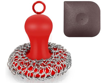 Cast Iron Cleaner Scrubber with Handle - Patented Chain Mail Cast Iron Scrubber Brush-Chainmail Sponge Scrub Cleaning Tool to Clean Skillets, Pan,Griddle, Wok, Dutch Oven - color: Red