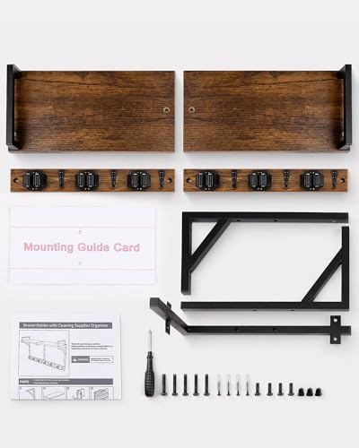 Lorbro Broom Holder Wall Mount with Cleaning Supplies Storage, Heavy Duty Broom and Mop Organizer Wall Hanging, Wooden Mop Organizer Hanger, 3 in 1 Storage Shelves for Laundry Room, Garage, Closet - size: Large