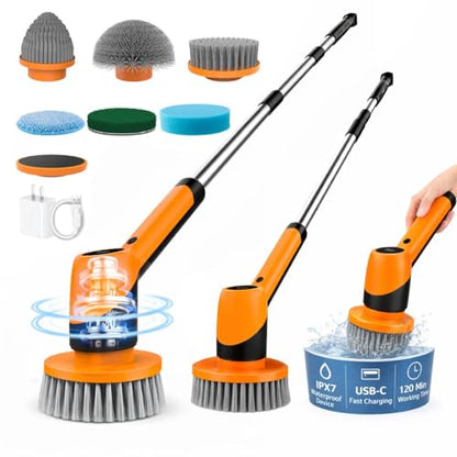 Electric Spin Scrubber for Bathroom - Cordless Brush Scrubber for Cleaning- IPX7 Shower Scrubber - 7 in 1 Electric Cleaning Brush & Retractable Handle - 2-Speed Adjustable Shower Cleaner for Bathroom