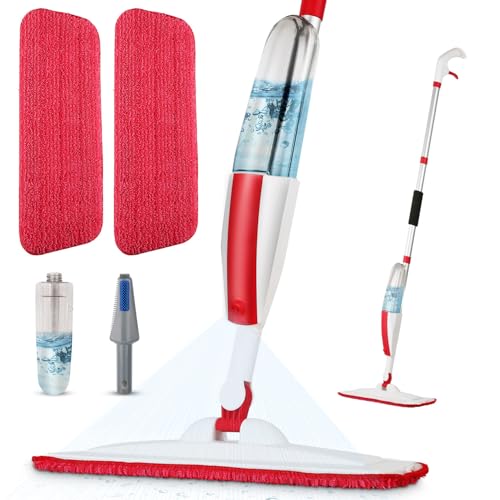 Wet Spray Mop for Floor Cleaning with 14 oz Bottle & 2 Microfiber Pads | Refillable bottle, washable pads, dry/wet use for home or commercial cleaning on hardwood, laminate, wood & ceramic floors - color: 00-red
