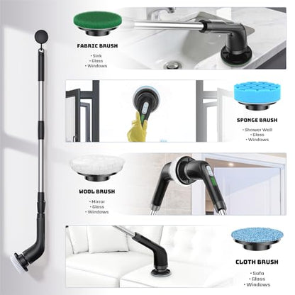 Highyes Electric Spin Scrubber, Powerful 2-Speed Cleaning Brush, | IPX7 Waterproof with 7 Reusable Brush Heads & Extendable Handle, for Bathroom Toilet Shower Kitchen Wall Tile Floor Grout - color: Black