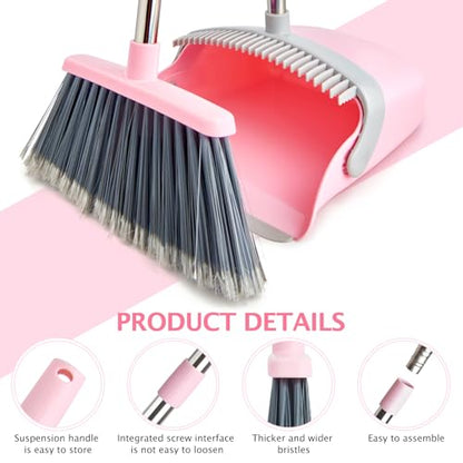 2-Pack Broom and Dustpan Set with Long Handle, Heavy Dust Broom and Dustpan Combo for Home，Kitchen, Office, Pet Hair(Grey Pink) - color: Pink 2-pack
