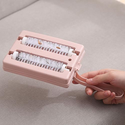 Handheld Double Roller Carpet Brush - Multi-Functional Portable Pet Hair Remover with Crumb Collector, Manual Dust Sweeper for Bed Desktop Carpet Pet Hair (Pink) - color: Pink