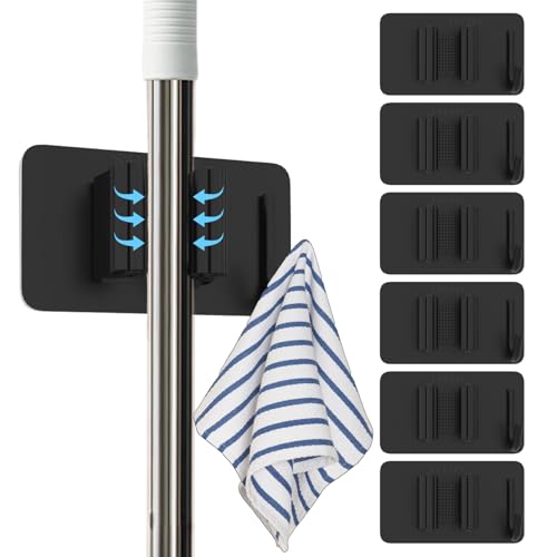 6 Pack Stainless Steel Mop and Broom Holders – Wall Mounted Grippers with Adhesive or Nail-Free Glue, No-Drill Installation for Kitchen, Bathroom, Garage - color: BLACK-6PCS