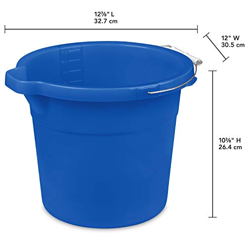 Sterilite 12 Quart Spout Pail with Handle, Plastic Bucket for Household Cleaning, Washing The Car, and Mopping, Spout to Pour Water, Blue, 12-Pack