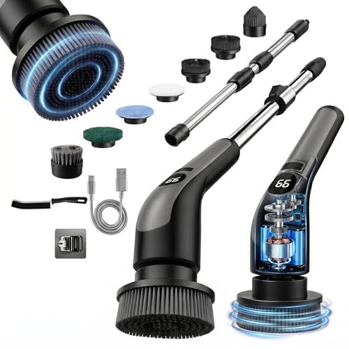 LIVINGPRO Electric Spin Scrubber with LCD Display, Cordless Cleaning Scrubber for Home, Upgraded 70W Dual Speed Motor, IPX7 Waterproof Power Scrubber, 7 Brush Heads, Extendable Long Handle - color: Black