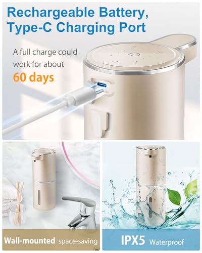 Automatic Foaming Soap Dispenser,4-Level Adjustable Foam, Wall Mount,USB Rechargeable,12.8oz/ 380ml,Touchless Hand & Dish Soap Dispenser for Bathroom, Kitchen,Hotel, Restaurant - color: Champagne Gold, style: Foam
