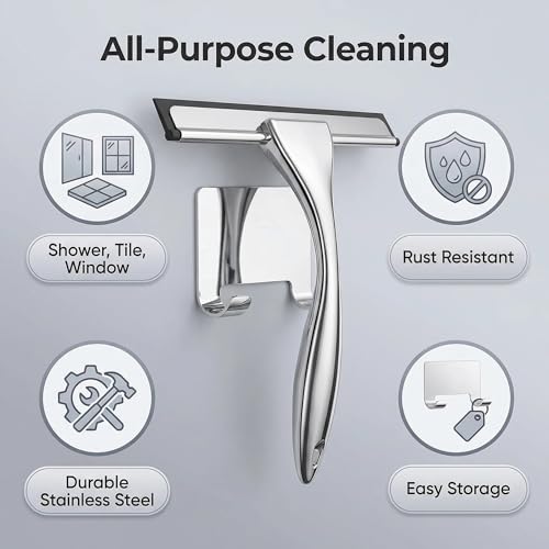All-Purpose Stainless Steel Shower Squeegee - Shower Glass Door with Adhesive Hooks, Bathroom Cleaner Tool Household Window Mirror Squeegee, Cleaning Tile Wall, Car, 10 Inch Silver