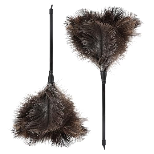 Natural Ostrich Feather Duster 14.9 inch Fluffy Mini Dusters with Plastic Handheld for Cleaning Car Keyboard Office 2 PCS - color: Natural-a-2pcs