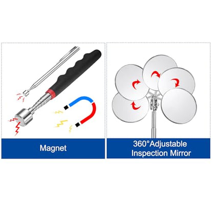 HARFINGTON Flexible Grabber Claw Pick Up Tool Set 0.47" Dia. 63" Bendable Spring Telescoping Inspection Mirror Magnet Rod 4 Claws Stainless Steel Cleaning Hook for Auto Repair Home Sink Drain