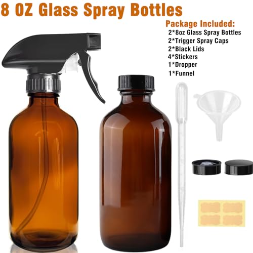 LANBEAUTIFY 8oz Amber Glass Spray Bottles - 2 Pack Empty Refillable Bottles for Cleaning, Hair Care, Essential Oils, Plants - Includes Durable Nozzle, Labels, Funnel & Dropper, Handheld Size
