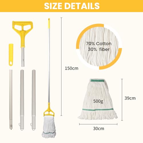 Commercial Industrial Mop for Floor Cleaning ,Add 2 Mop Head Replacement | Heavy Duty Mop,59" Long Handle Looped-End String Wet Cotton Mop for Home,Kitchen,Office,Garage,Concrete/Tile Floor