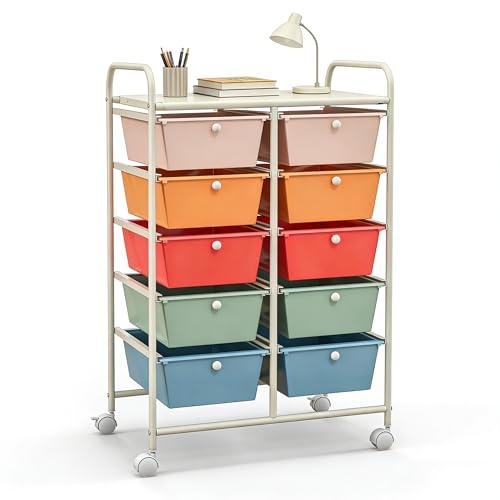 COSTWAY 10 Drawer Rolling Storage Cart, Mobile Utility Cart with Metal Frame & Lockable Wheels, Art Supply Craft Organizer, Multipurpose Drawer Cart for Paper for Office, School, Macaron - color: Macaron, size: 10 Drawer