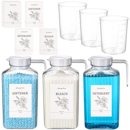 Potchen 3 Pack Laundry Detergent Dispenser Set, Clear Acrylic Liquid Detergent Container with Labels & Measuring Cups, Fabric Softener Dispenser for Laundry Room Organization(68 oz) - size: 68 oz