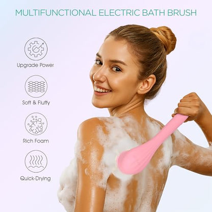 VOYOR Electric Body Brush Back Scrubber Silicone Body Scrubber Two-Way Rotating Brush Head for Deep Cleaning, Exfoliation, 4 Attachments Long Handle IPX6 Rechargeable Shower Brush BC300 (Pink) - color: Pink
