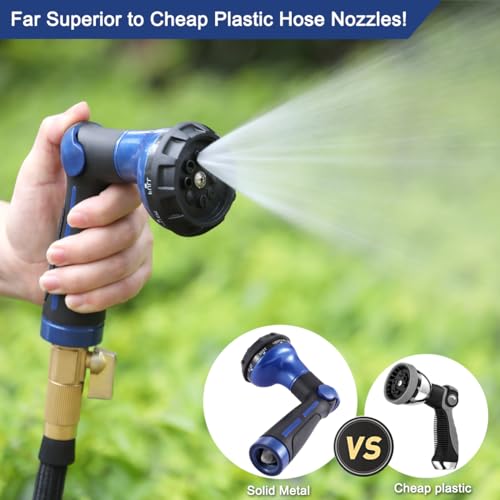 FANHAO Garden Hose Nozzle 100% Heavy Duty Metal Water Hose Sprayer with 8 Spray Patterns, High Pressure Spray Nozzle with Thumb Control, On Off Valve for Watering Plants, Washing Cars & Pets, Blue - color: Blue