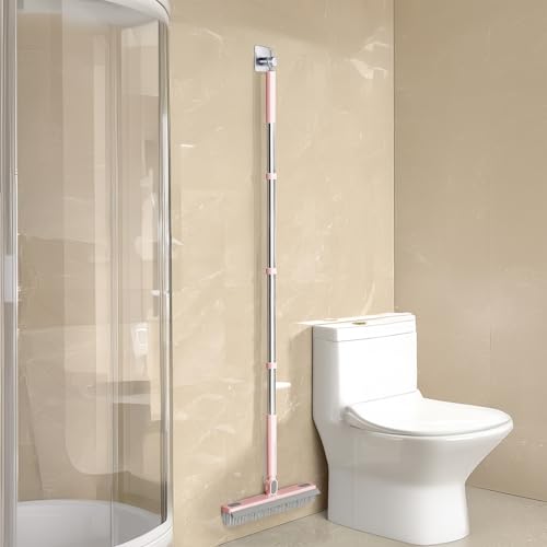 Floor Scrub Brush With Squeegee, Grout Brush With Telescopic Long Handle, V-Shape Floor Scrubber With Scrape Stiff Bristle for Shower Tile Grout Cleaning, Kitchen Bathroom Baseboard Deck Tool