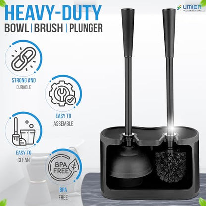 UMIEN Toilet Brush and Plunger Set 18-in - Updated 2025 No-Rust - Stainless Steel Design - Long Handles - with Freestanding Canister (Matte Black) - color: Matte Black, size: 1 pack