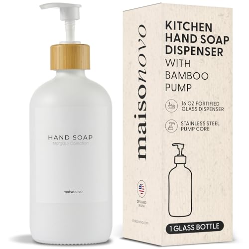 MaisoNovo Glass Hand Soap Dispenser | Dish Soap Dispenser for Kitchen | 16.9oz White Bottles with White Bamboo Pump | Bathroom Lotion Dispenser - color: Single White Bottle/White Bamboo Pump