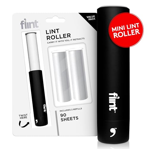 Flint Classic Black Retractable Mini Lint Roller with 90 Extra Sticky Sheets, Small and Portable Lint Roller, Ideal Pet Hair Remover, Travel Lint Rollers for pet Hair Extra Sticky - color: Black