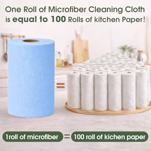 Microfiber Cleaning Cloth Roll - 100 Pack Tear Away Microfiber Paper Towels, Reusable, Washable, Scratch-Free, Kitchen Towels for Car, Home, Kitchen, Glass, Dishes (Blue) - color: Blue