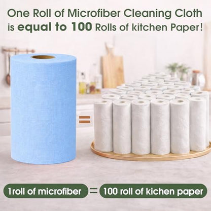 Microfiber Cleaning Cloth Roll - 100 Pack Tear Away Microfiber Paper Towels, Reusable, Washable, Scratch-Free, Kitchen Towels for Car, Home, Kitchen, Glass, Dishes (Blue) - color: Blue