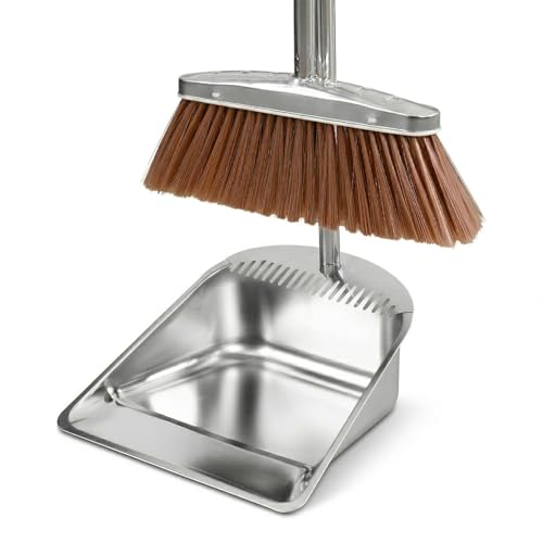 Stainless Steel Broom and Dustpan Set, 2-Piece, Long Handle Standing Design with Comb Teeth, Heavy Duty Windproof Upright for Home, Kitchen, Indoor Outdoor Use (Silver Teeth) - color: Silver Teeth