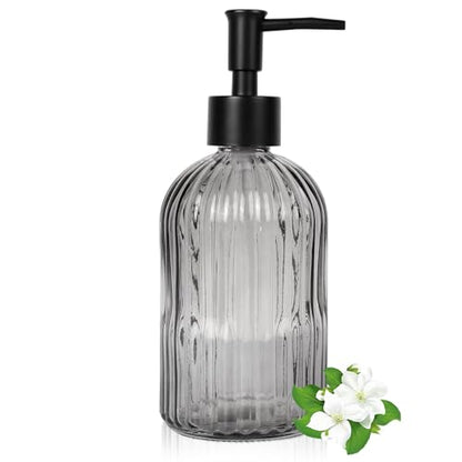 14Oz Black Pump Glass Soap Dispenser, Gray Stripe Countertop Refillable Liquid Bottle Hand Dish Lotion Dispenser with Plastic Pump, for Kitchen, Bathroom - color: Gray