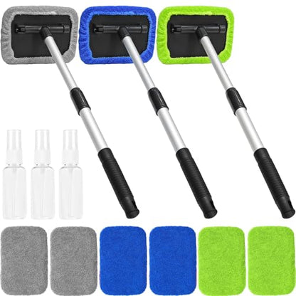 Beieverluck 15 Pieces Windshield Cleaner Tool, Inside Car Window Cleaning Tool with 9 Microfiber Pads and 3 Spray Bottles, Windshield Cleaner Tool Auto Interior Exterior Glass Wiper Kit