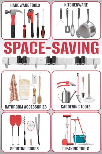 The Good Stuff Compact Mop and Broom Holder Wall Mount – Stainless Steel Organizer with 3 Racks and 2 Hooks – Rust-Resistant, Space-Saving Tool Hanger for Closet, Kitchen, Garage, or RV (Pack of 2) - size: Compact (Pack of 2)