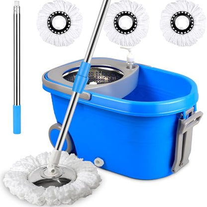 Spin Mop & Bucket, 360 Spinning Mop Bucket Kit, Stainless Steel Bucket Wringer Set, Plus 3 Replacement Head Refills, 360 Spinning Mopping System, 61" Extended Handle for Floor Cleaning (Blue) - color: Blue-2
