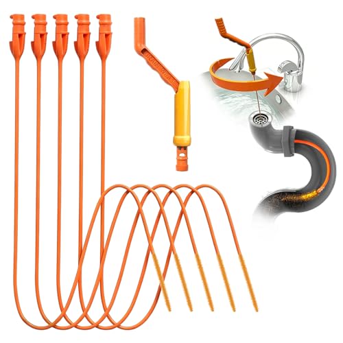 6-Pack Reusable Drain Snake Hair Clog Remover Tools, 5 x 18-Inch Flexible Snakes with 1 Rotating Handle, for Bathroom Sinks & Shower Drains