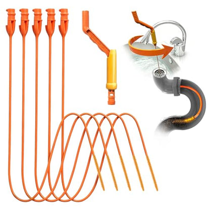 6-Pack Reusable Drain Snake Hair Clog Remover Tools, 5 x 18-Inch Flexible Snakes with 1 Rotating Handle, for Bathroom Sinks & Shower Drains