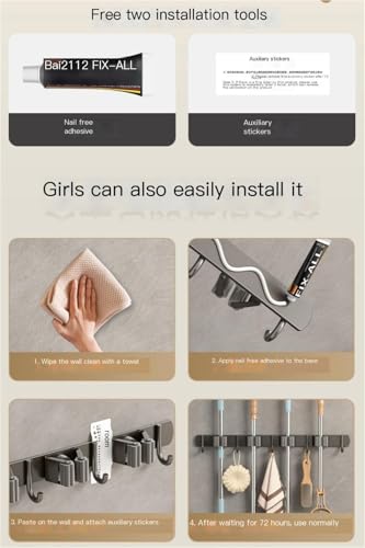 Broom Holder，Stainless Steel Mop Holder, No Drilling, Cleaning Supplies Organizer，Versatile Mop Hook, Wall Mounted Bathroom Broom Storage Clip,Laundry Room Organization，Home Improvement.(Black,5 clips