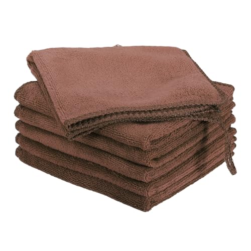 HARFINGTON 6 Pack Microfiber Cleaning Cloth, 12" x 12" Multi-Functional Cleaning Towels Reusable Absorbent Rags with Hook for Car Wash Kitchen Household Window Clean, Brown - color: Brown, size: 12" x 12"