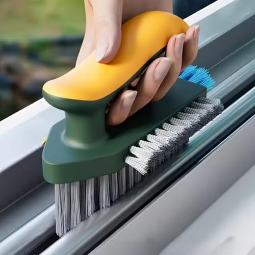 2-in-1 Multifunctional Crevice Cleaning Brush with Squeegee, V-Shaped Bristle Grout Cleaner Brush for Bathroom Floor Corners, Window Tracks & Shower Tile, Ergonomic Scrub Brush, Green