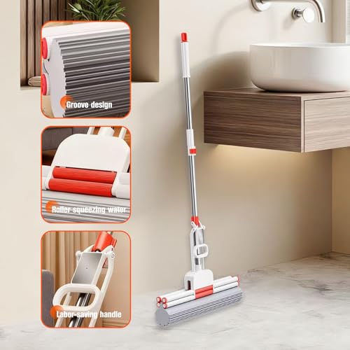 PVA Sponge Mop with 1 Extra 13-inch Sponge Head, Double-Row Roller ,Stainless Steel Rod Floor Mop, Highly Absorbent for Hard FloorsBathrooms, Kitchens, Garages, and Pet Areas - size: 13 inch