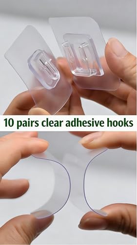 10 Pairs Clear Double-Sided Adhesive Wall Hooks - Mounted Door Hanger Kit - No Drill Sticker Hangers with Suction Cup for Bathroom, Kitchen