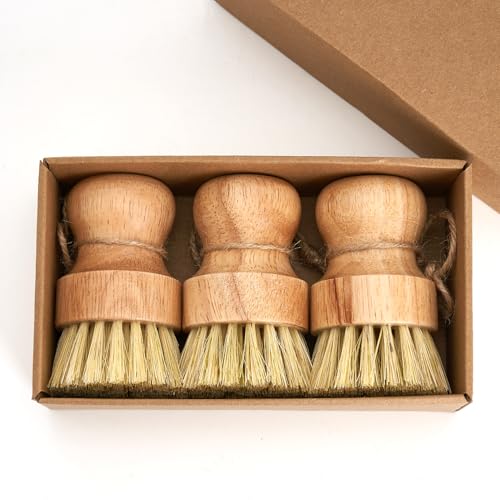 Diahom Bamboo Dish Brush Scrubber 3 Pack for Cleaning Pot Pans Hanging Rope Kitchen Dishwashing