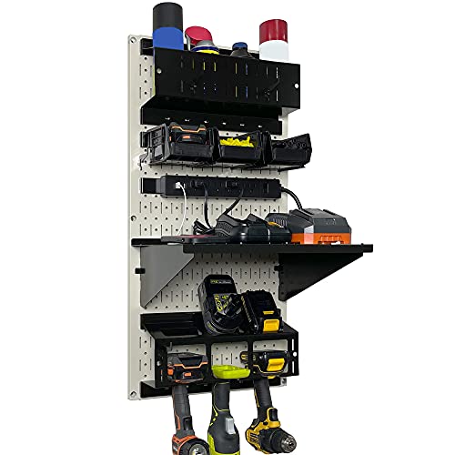 Wall Control Power Tool Storage Organizer Kit Cordless Drill Holder Charging Station Rack 16” x 32” Metal Pegboard Organization System (Beige Pegboard) - color: Beige Pegboard