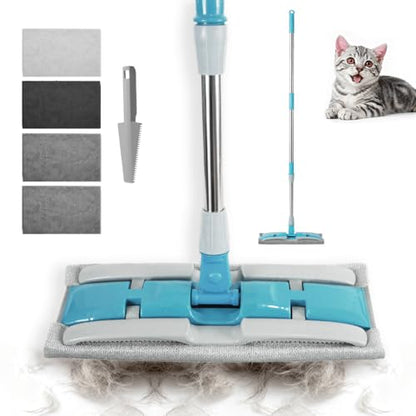 Electrostatic Dust Clip-On Mop for Pet Hair, 57" Adjustable Long Handle, 360° Rotating Head, 2 Reusable Static Cloths, 2 Microfiber Cloths & 1 Scraper, Ideal for Pet Loose Hair & Daily Dust Cleaning - color: Green